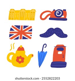 Cute England, english, UK, United Kingdom objects, composition with hand drawn doodle flag, moustache, photo camera, letter, mail box, umbrella, tea kettle, Buckingham palace. Tourist, travel, educati