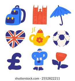 Linda Inglaterra, Inglés, Reino Unido, Reino Unido objetos, composición con mochila doodle, catedral de Westminster, paraguas, fútbol, libra, reina, bandera, rosa, tetera .Tourist, viaje, signos de educación