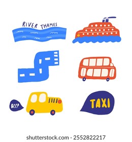 Linda Inglaterra, Inglés, Reino Unido, Reino Unido objetos, composición con dibujado a mano doodle río Támesis, autobús rojo, taxi, carretera, barco, coche, transporte. Señales de turismo, viajes, educación