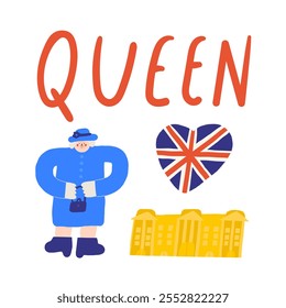 Nette englische, englische, britische, britische Objekte, Komposition mit handgezeichneter Doodle Queen, herzförmige Flagge, Buckingham Palast. Touristische, Reise-, Bildungs-Zeichen