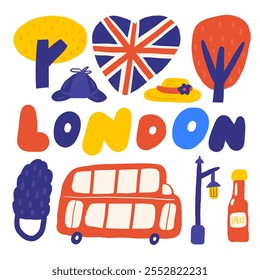 Linda Inglaterra, Inglés, Reino Unido, Reino Unido objetos, composición con dibujado a mano doodle Londres, árbol, autobús, farola, forma de corazón bandera, sombrero, gorra, transporte, ketchup. Señales de turismo, viajes, educación