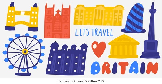 Cute England, english, UK, United Kingdom objects, composition with hand drawn doodle Ferris wheel, museum, Trafalgar square, buildings, architecture, sightseeing. Tourist, travel, education signs