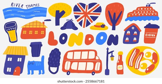 Cute England, english, UK, United Kingdom objects, composition with hand drawn doodle London, tree, bus, street lamp, heart shape flag, hat, cap, transport, ketchup. Tourist, travel, education signs