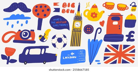 Cute England, english, UK, United Kingdom objects, composition with hand drawn doodle mail box, umbrella, flag, cupcake, tea, cup, pot, button, pound, Big Ben. Tourist, travel, education signs