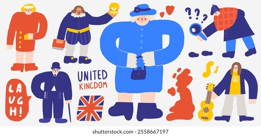 Cute England, english, UK, United Kingdom hand drawn doodle characters Charlie Chaplin, princess Diana, Shakespeare, Sherlock Holmes, queen Elizabeth, John Lennon, flag, map. Tourist, travel, educatio