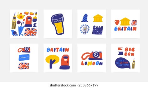 Cute England, english, UK, United Kingdom objects, composition with hand drawn doodle mail box, umbrella, flag, cupcake, tea, cup, pot, button, pound, pigeon, Big Ben. Tourist, travel, education signs