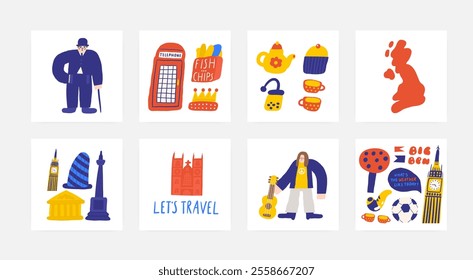 Cute England, english, UK, United Kingdom objects, composition with hand drawn doodle Big Ben, museum, Trafalgar square, buildings, architecture, sightseeing. Tourist, travel, education signs