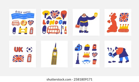 Cute England, english, UK, United Kingdom objects, composition with hand drawn doodle London, tree, bus, street lamp, heart shape flag, hat, cap, transport, ketchup. Tourist, travel, education signs