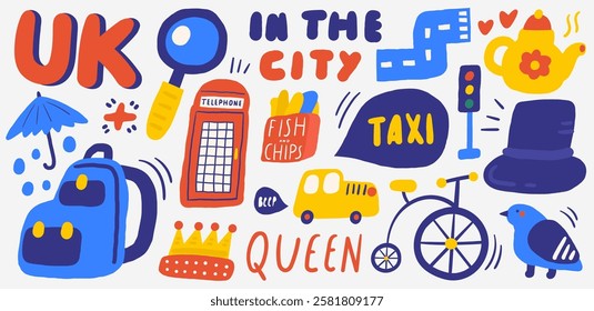 Cute England, english, UK, United Kingdom objects, composition with hand drawn doodle lens, telephone booth, backpack, umbrella, rain, beer, crown. Tourist, travel, education signs