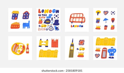 Cute England, english, UK, United Kingdom objects, composition with hand drawn doodle Big Ben, fish and chips, road, taxi, bicycle, subway, car, queen, traffic light. Tourist, travel, education signs