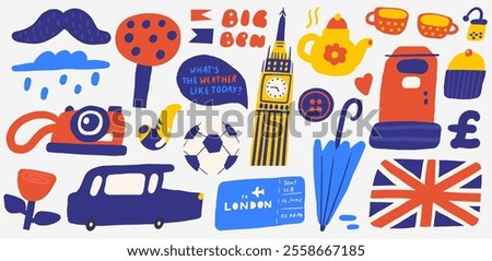 Cute England, english, UK, United Kingdom objects, composition with hand drawn doodle mail box, umbrella, flag, cupcake, tea, cup, pot, button, pound, Big Ben. Tourist, travel, education signs