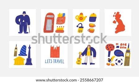 Cute England, english, UK, United Kingdom objects, composition with hand drawn doodle Big Ben, museum, Trafalgar square, buildings, architecture, sightseeing. Tourist, travel, education signs