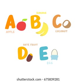 Cute english alphabet with fruits, vegetables and other food. Simple vector illustration.