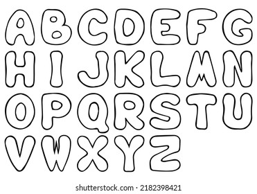 Cute English Alphabet. Hand Drawn. Freehand Drawing. Doodle. Sketch. Outline. Coloring Page.	