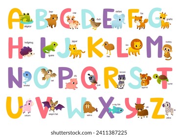 Cute english alphabet for kids with animals. Bright Abc learning decorative poster with cartoon wild animals.