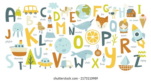 Cute english alphabet for kids with doodle pictures. Abc learning cartoon poster for nursery wall.