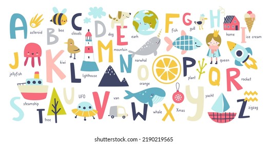 Cute english alphabet for kids with naive doodle pictures. Abc learning cartoon poster for nursery wall.