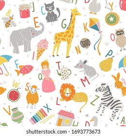 Cute English alphabet pattern. Colored ABC pattern for children with animals, toys and other. Handwritten letters. Vector shabby hand drawn illustration