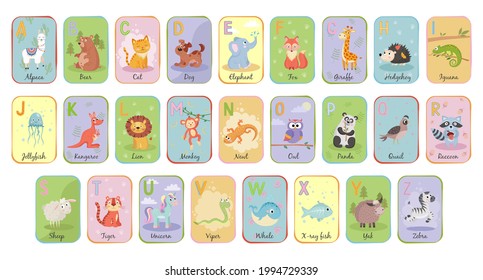 cute english animal alphabet with different background on white vector illustration