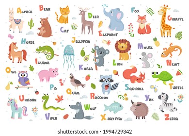 cute english animal alphabet with fruits, berries and leaves on white background vector illustration