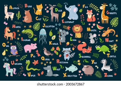 cute english animal alphabet with fruits, berries and leaves on dark background vector illustration