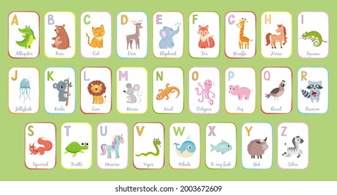 cute english animal alphabet on green background vector illustration