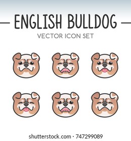 Cute English bulldog British dog breed vector icon sticker set drawn in kawaii Japanese anime style. Bulldog puppy face with various emotions. Emoticon, emoji or costume mask template. Expanded lines.