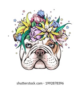 Cute english bulldog in floral wreath. Vector illustration in hand-drawn style. Image for printing on any surface	