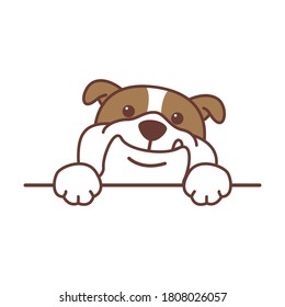 Cute english bulldog paws up over wall, vector illustration