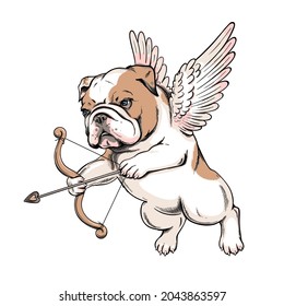 Kleiner englischer Bulldog Welpe mit Engelflügeln. Vektorgrafik im handgezeichneten Stil. Cupid-Illustration. Bild für den Druck auf einer beliebigen Oberfläche	