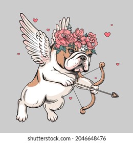 Cute english bulldog puppy with angel wings. Vector illustration in hand-drawn style. Cupid in a flower wreath. Image for printing on any surface	