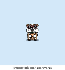Cute english bulldog with sunglasses hugging bubble tea cartoon, vector illustration