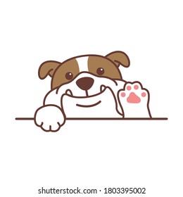 Cute english bulldog waving paw cartoon, vector illustration