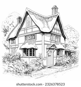 Cute English house black and white vector illustration for adult coloring. Retro style architecture cottage core style. Cozy home with chimney and roof scale. Line art medieval cottage. Detailed house