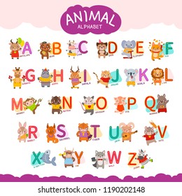 Cute english illustrated zoo alphabet with cute cartoon animals. English letters A to Z set. Learning English vocabulary. 