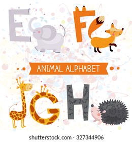 Cute english illustrated zoo alphabet with cute cartoon animals isolated on white background.. Vector illustration for kids education, foreign language study.