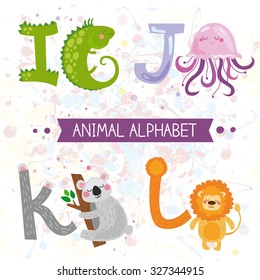 Cute english illustrated zoo alphabet with cute cartoon animals isolated on white background.. Vector illustration for kids education, foreign language study.