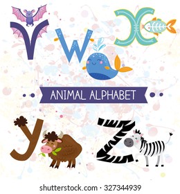 Cute english illustrated zoo alphabet with cute cartoon animals isolated on white background.. Vector illustration for kids education, foreign language study.