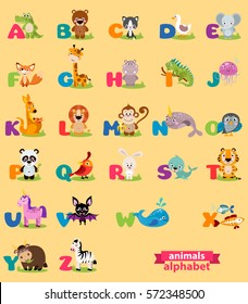 Cute english illustrated zoo alphabet with cute cartoon animal. Vector illustration for kids education, foreign language study.