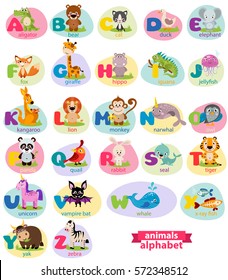 Cute english illustrated zoo alphabet with cute cartoon animals isolated on white background. Vector illustration for kids education, foreign language study.