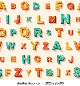 Cute English retro 3d alphabet seamless pattern. Vector illustration. Uppercase colorful letters for kids print, school carnival party, typography vintage background