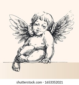 Cute engraving sitting little angel.