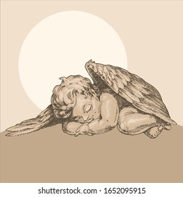 Cute engraving sleeping little angel.