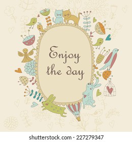 Cute enjoy the day background with funny bunnies, cats, flowers, hearts and birds in cartoon style