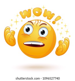 Cute enraptured emotions emoji. Emoticon face surprised. Emoji excited with admiring look and googly eyes saying Wow. Emotion raises his hands in admiration. Vector illustration