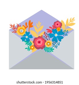 Cute envelope card with flowers. Vector illustration.