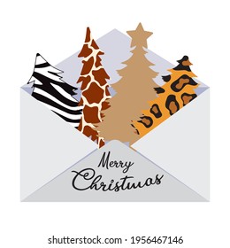 Cute envelope card with merry christmas pine tree. Vector illustration.