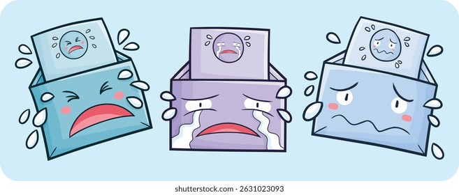 Personaje lindo de la historieta del sobre en un conjunto de ilustración de expresión triste y sufriente