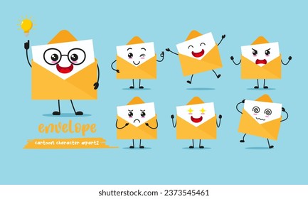 cute envelope cartoon with many expressions. postcard different activity pose vector illustration flat design set.