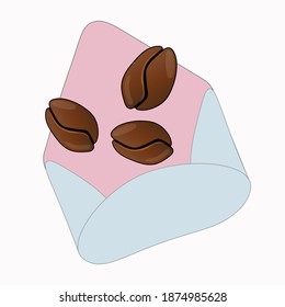 Sobre lindo con granos de café. Brillante plantilla festiva. Vector aislado en un fondo blanco.